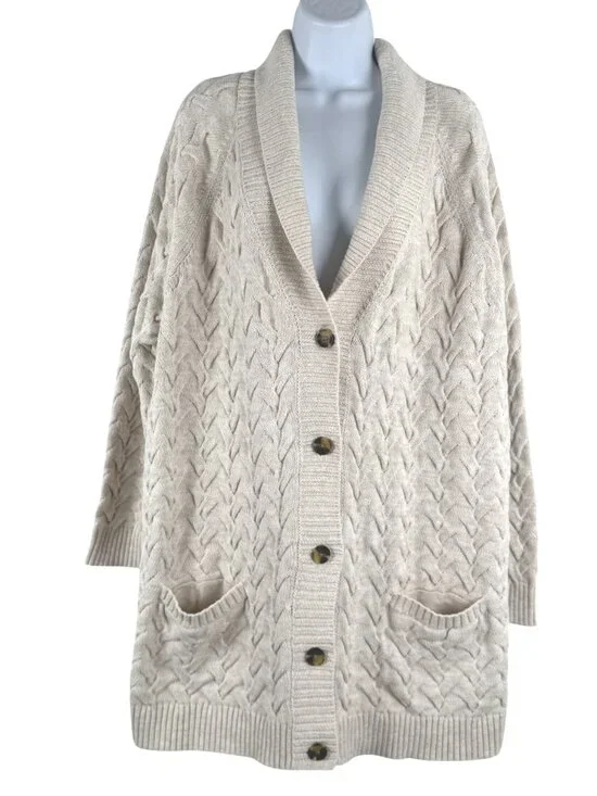Lands' End Drifter Shawl Collar Cardigan Sweater 3X Cable Knit Beige CJ-2352 - Picture 1 of 9